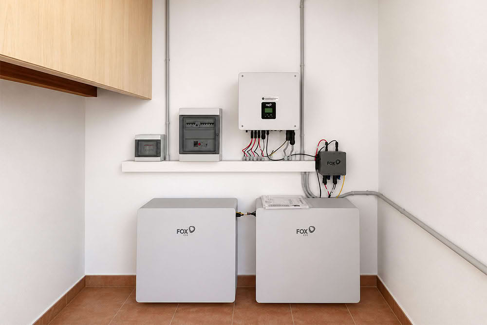 Impianto fotovoltaico con inverter e batterie di accumulo installato da Energisolar Sardegna in un locale tecnico ordinato.
