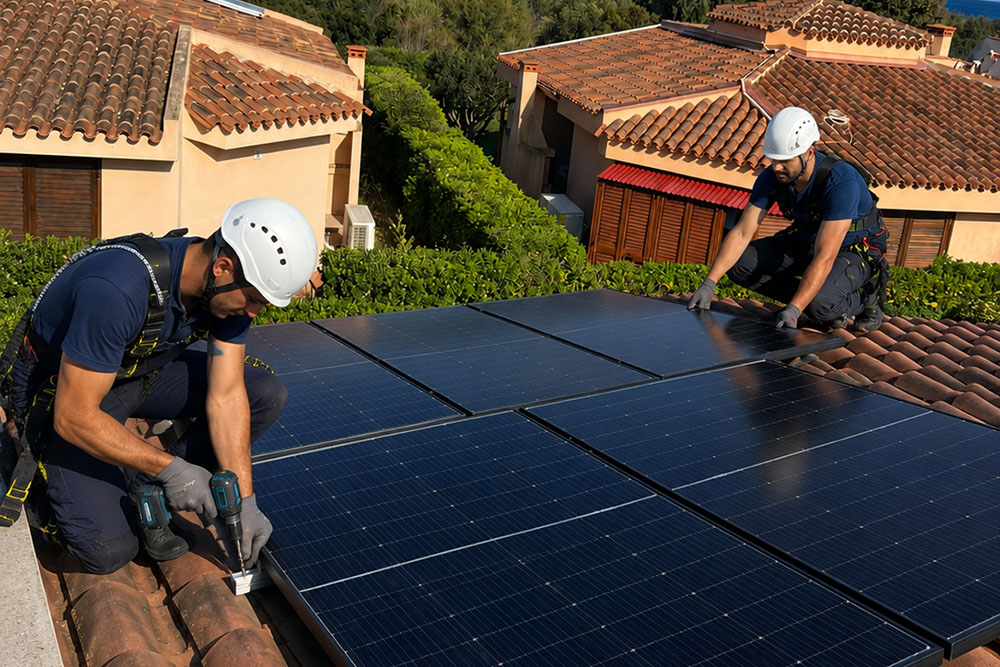 Tecnici qualificati installano pannelli fotovoltaici su un tetto in Sardegna.